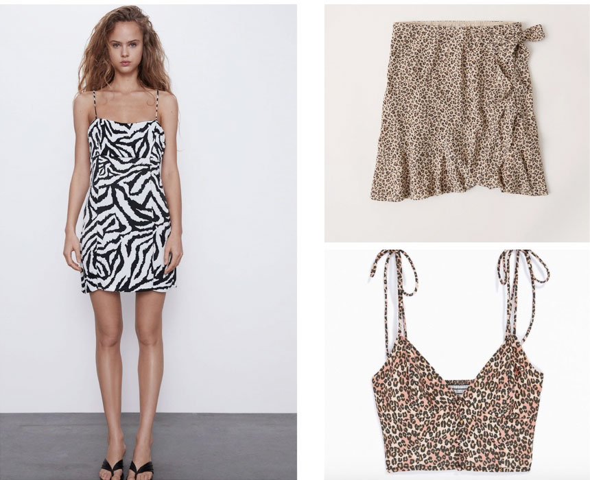 College party clothes: A zebra dress, cheetah print skirt, and cheetah print top