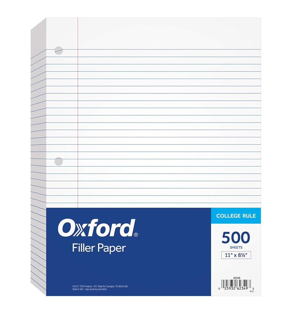 College school supplies list - filler paper