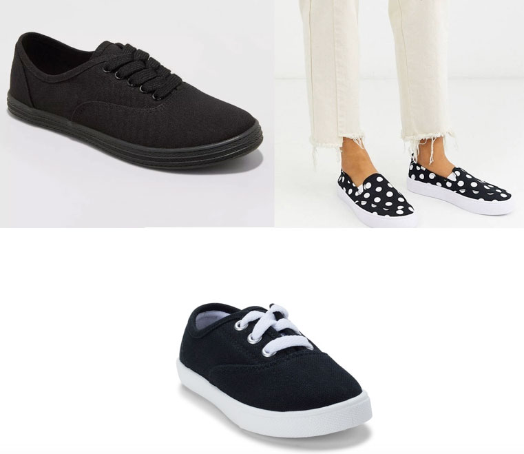 Two pairs of black sneakers and polka dotted black and white slip ons