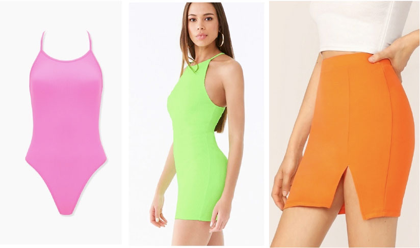 Neon pieces - pink bodysuit, neon green dress, neon orange skirt