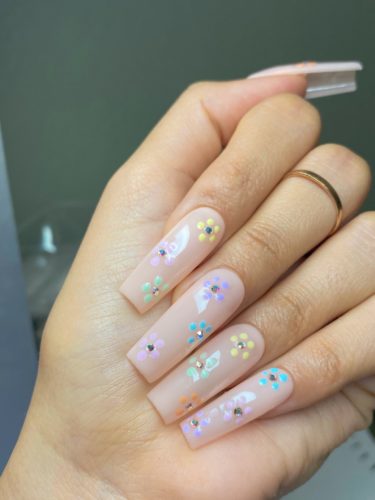 Nude coffin nails with colorful flowers and rhinestones - nail art, flower nail design
