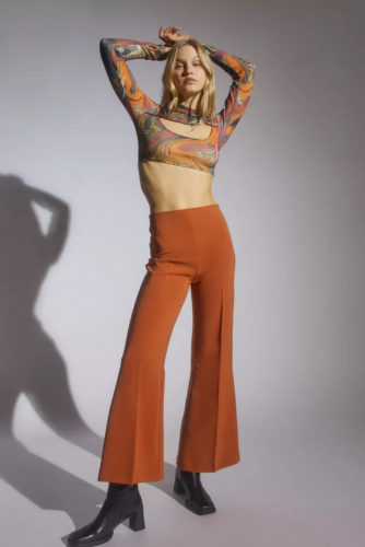 UO Flared Pants in burnt umber orange high-waist