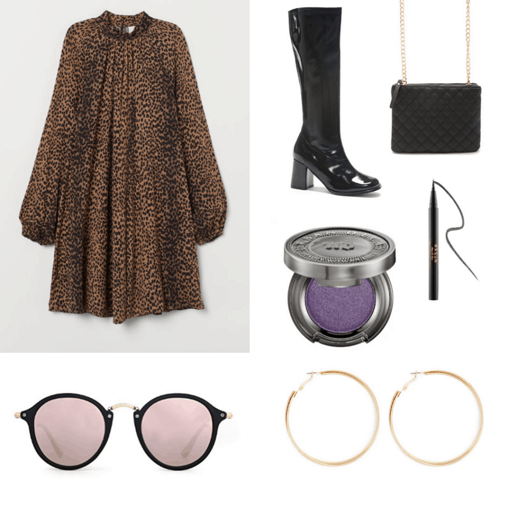 60s fashion - mod outfit with leopard dress, gold hoop earrings, purple eyeshadow, retro sunglasses, go go boots