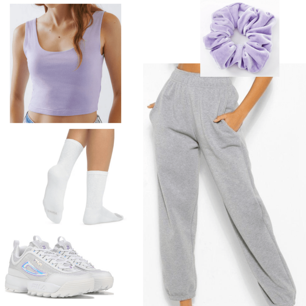 What to wear in college: Comfy & cozy outfit for class with accessories | Gray joggers, comfy socks, cropped tank, chunky dad sneakers, scrunchie