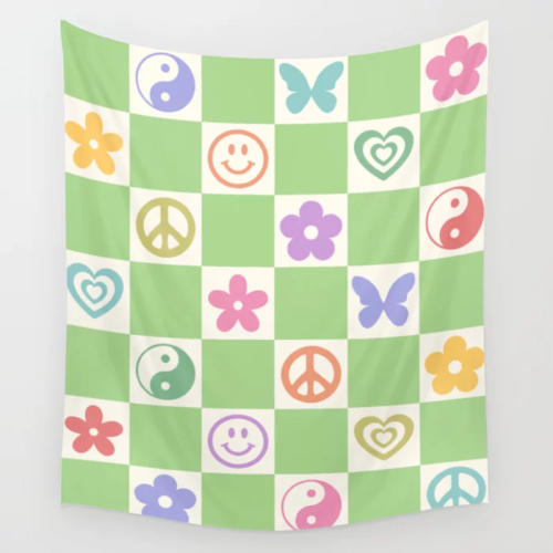 Cute retro checkerboard wall tapestry for dorm in green