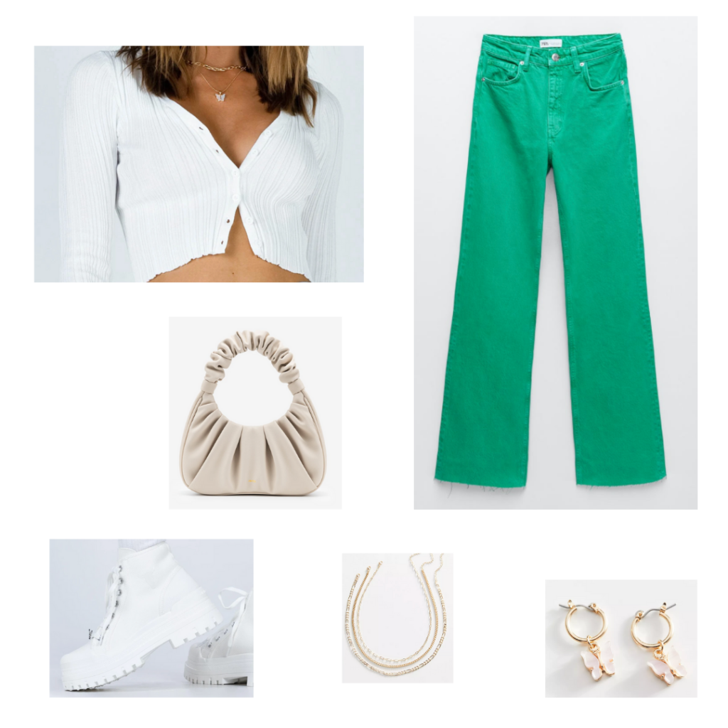 Cute outfit with colored jeans: Green wide leg jeans, cropped white cardigan, chunky white boots, layered gold necklaces, gold butterfly earrings, beige mini purse