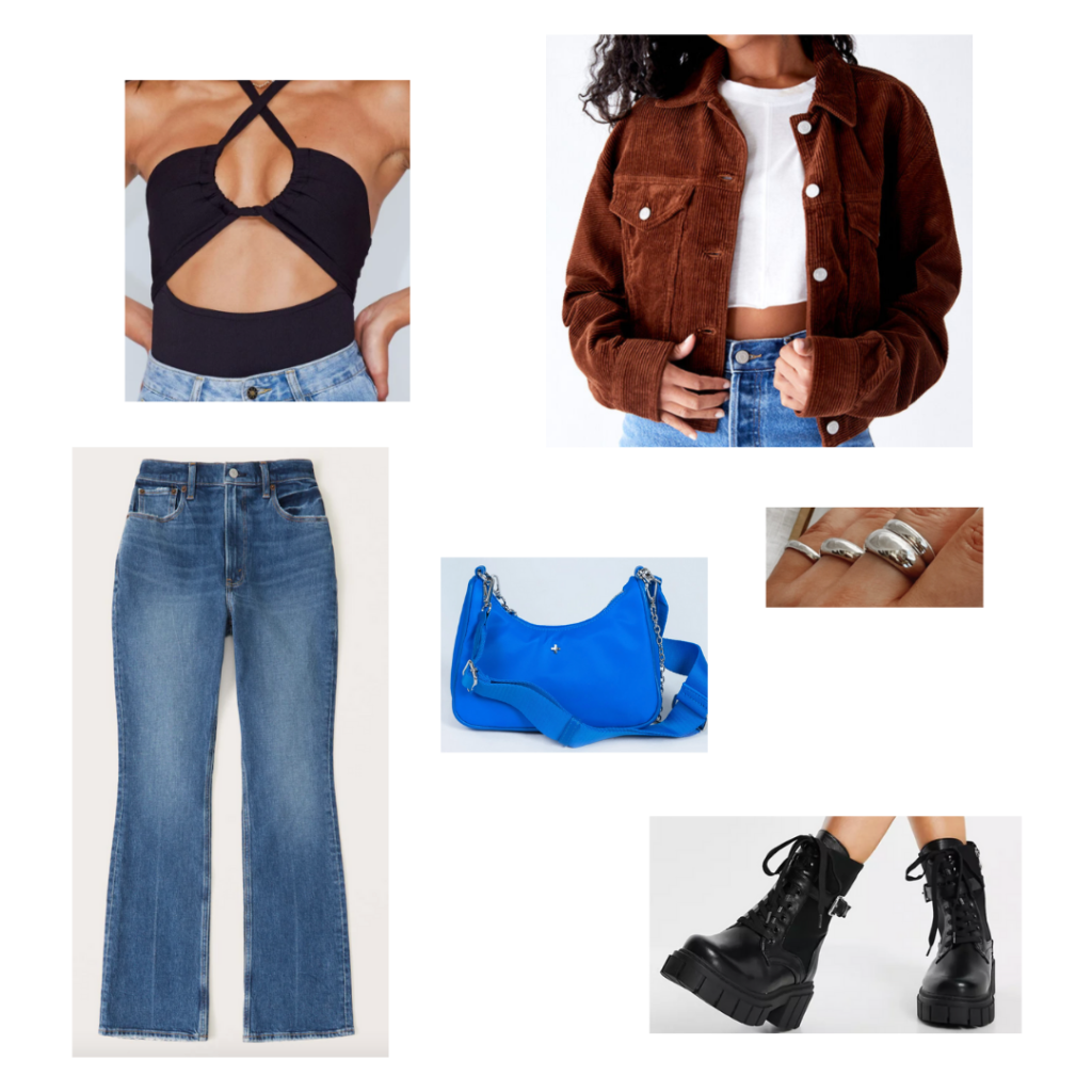 Cute outfit with jeans: Medium wash flare jeans, black tie neck bodysuit, rust corduroy jacket, silver rings, cobalt blue mini bag with chain strap, chunky black combat boots