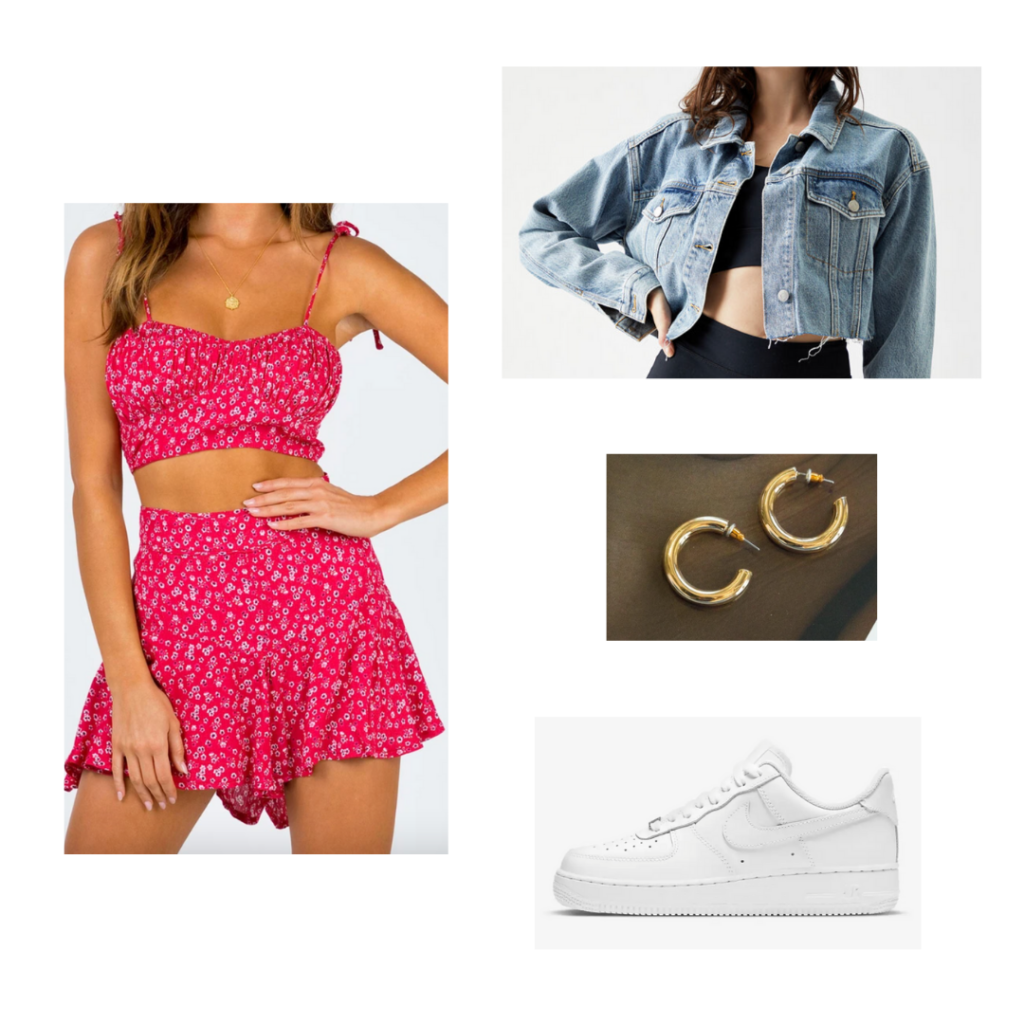 Sample Outfit 6: pink floral crop top and ruffled shorts set, cropped denim jacket, white Nike sneakers, chunky gold hoop earrings