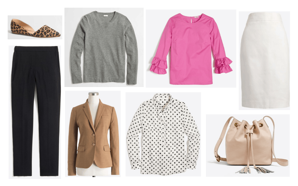 Best work clothes at J.Crew Factory: Simple gray sweater, black trousers, camel blazer, black and white polka dot shirt, blush bucket bag, white pencil skirt, leopard print flats