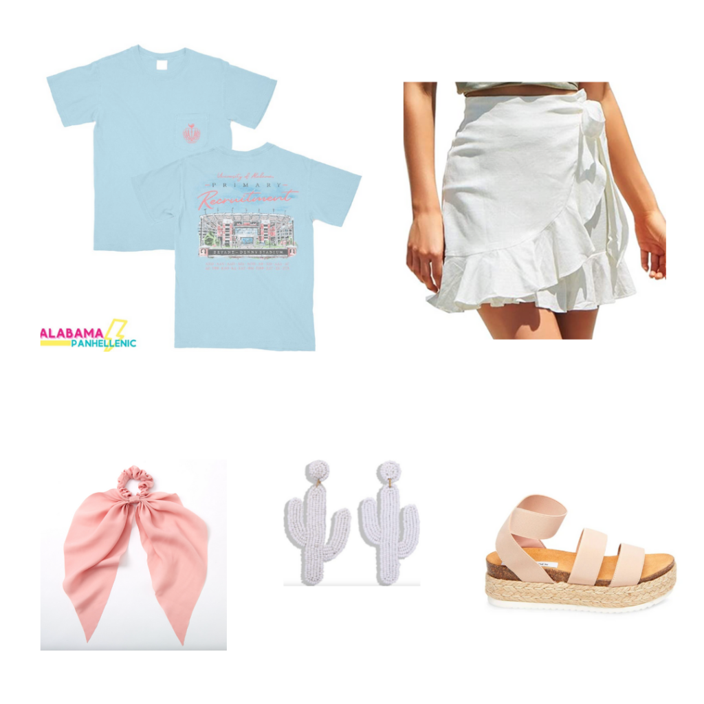 Outfit for Philanthropy Round - white wrap skirt, flatform espadrille sandals, beaded cactus earrings, pink scrunchie with tie