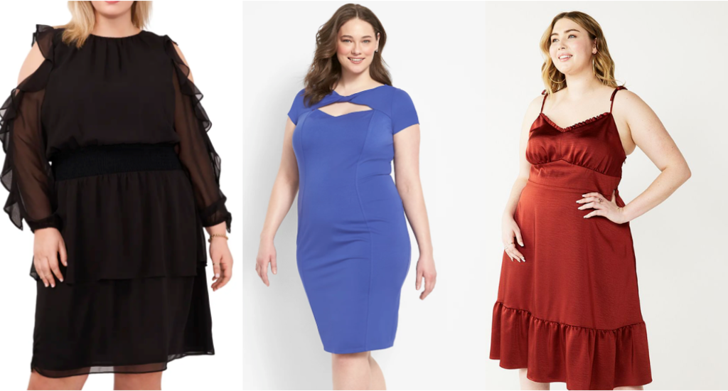 A black open ruffle sleeve dress, a blue twisted open keyhole cap sleeve dress, and a red lace trim midi dress.