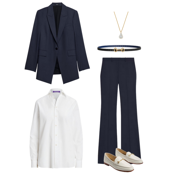 theory navy blue suit, ralph lauren purple label white button down, monica vinader gold and pearl oval necklace, sam edelman white horsebit loafers, hermes blue and black horsebit belt