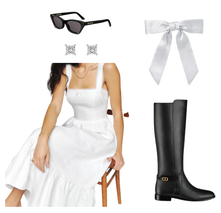 black dior butterfly sunglasses, anthrpologie white wedding bow, princess cut lab grown 1ctw diamond earrings, reformation white eyelet dress, black leather dior riding boots