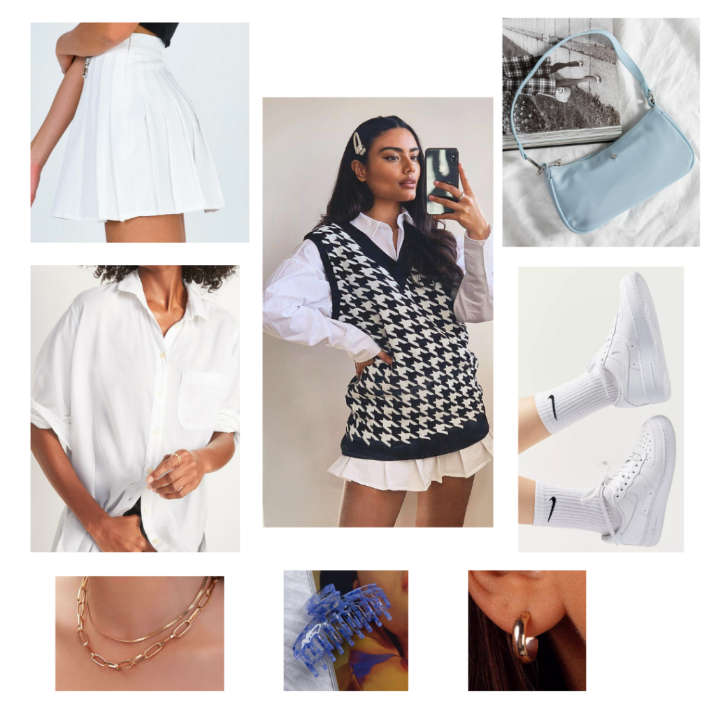 Sweater Vest Outfit Guide: black and white houndstooth sweater vest, white tennis skirt, white button-up blouse, white sneakers, baby blue shoulder bag purse