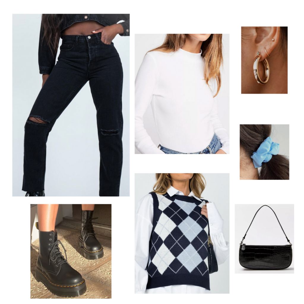 Sweater Vest Outfit 2 - argyle sweater vest, white long-sleeve tee, black high-waisted denim, black booties, blue scrunchie, black handbag