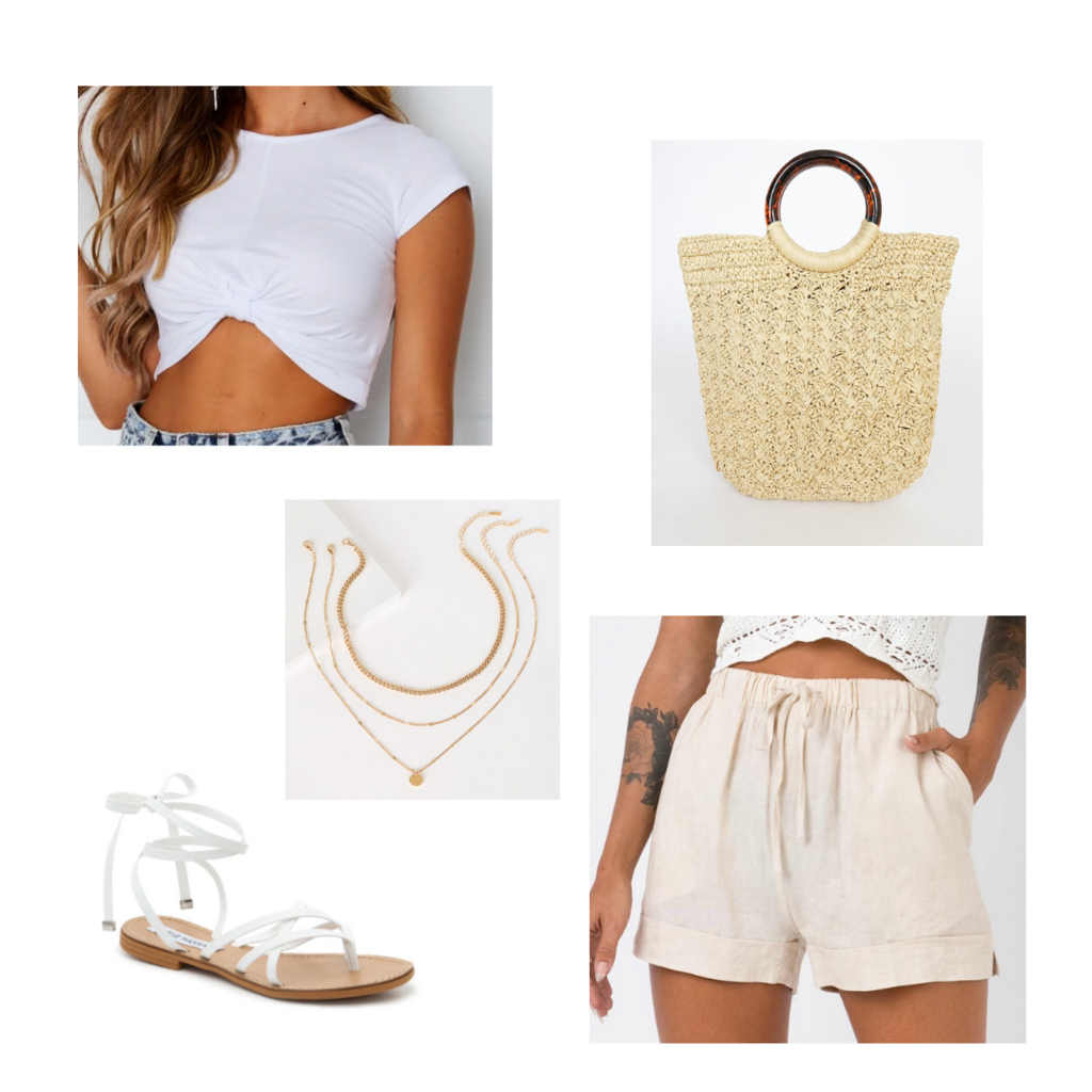 Vacation outfit for 2021: Beige linen shorts, white knot front crop top, layered gold necklaces, white lace-up sandals, woven bag